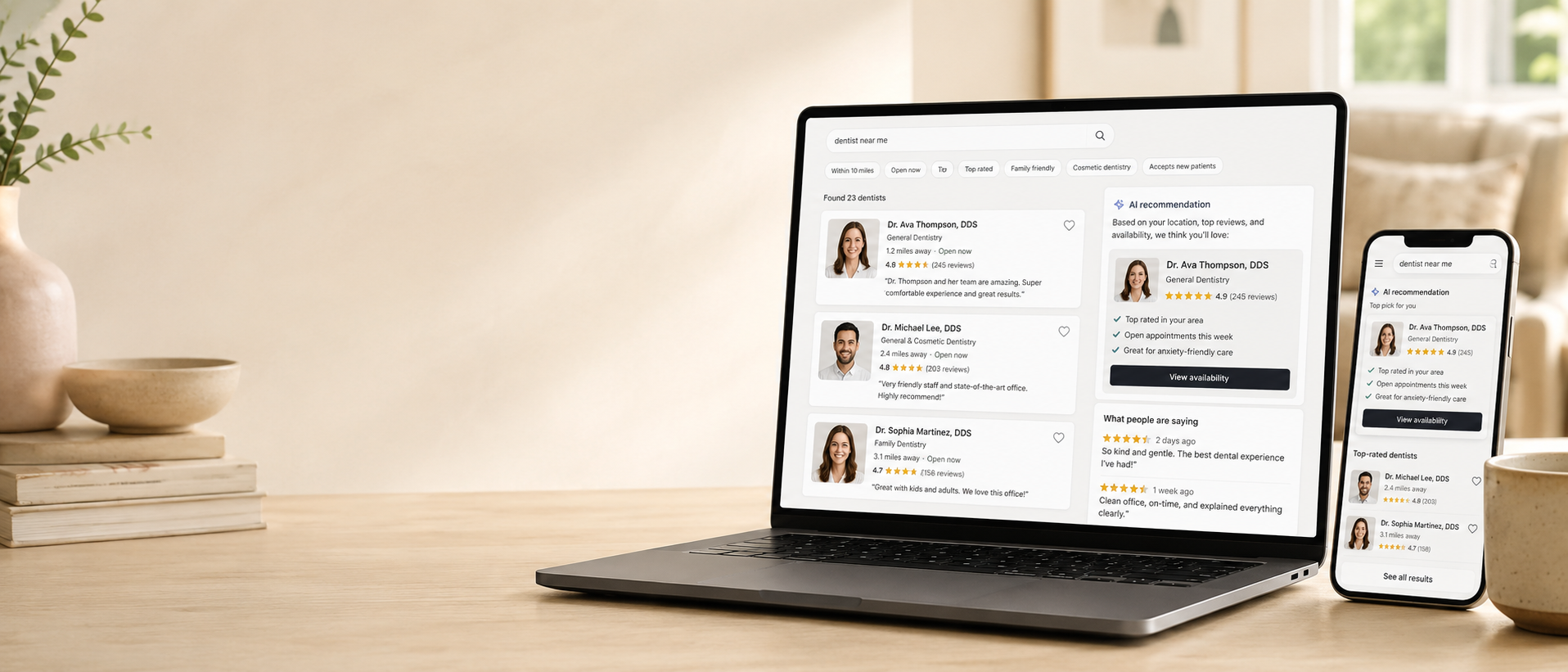 Laptop and phone showing patients comparing dentists online and viewing an AI recommendation